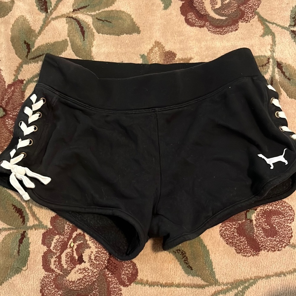 Pink Victoria’s Secret black logo lace up shorts